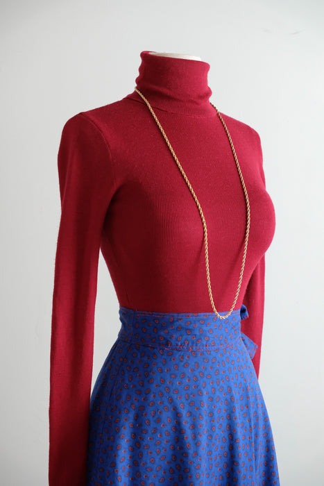 Vintage 1970's Crimson Red Wool Knit Turtleneck by Yves Saint Laurent / S