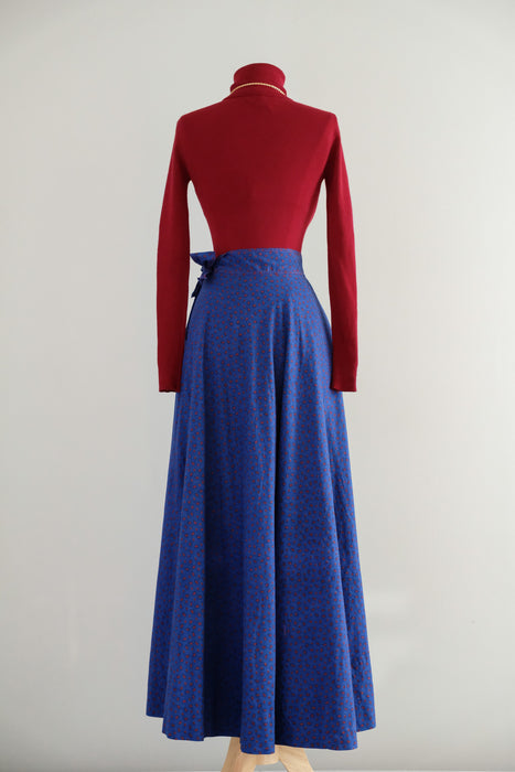 Vintage 1970's Blue & Red Contrast Paisley Print Skirt by Anne Klein / S