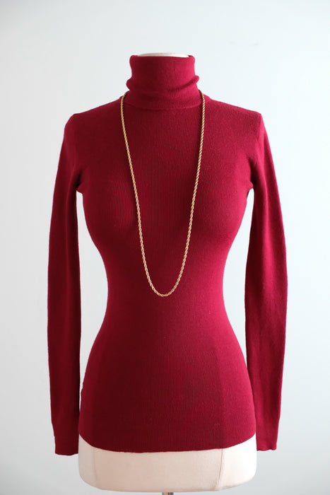 Vintage 1970's Crimson Red Wool Knit Turtleneck by Yves Saint Laurent / S