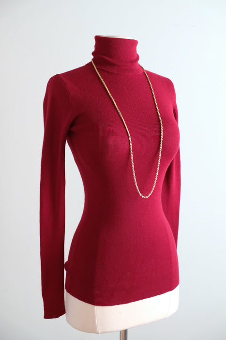 Vintage 1970's Crimson Red Wool Knit Turtleneck by Yves Saint Laurent / S