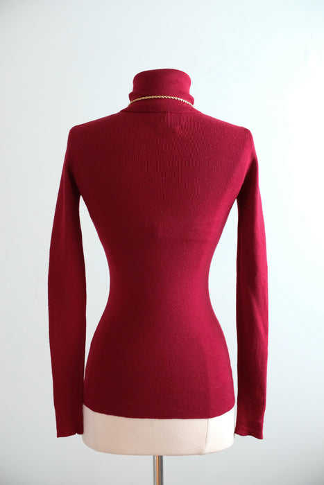 Vintage 1970's Crimson Red Wool Knit Turtleneck by Yves Saint Laurent / S