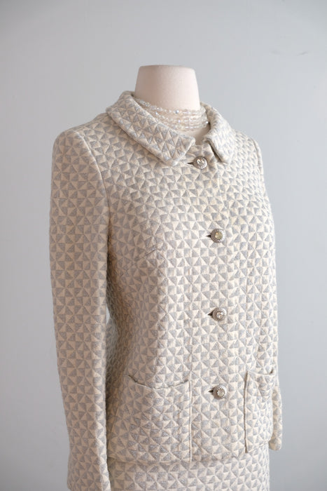 Vintage 1960's Silver & Ivory Metallic Knit Suit by Kimberly / SM