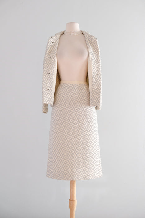 Vintage 1960's Silver & Ivory Metallic Knit Suit by Kimberly / SM