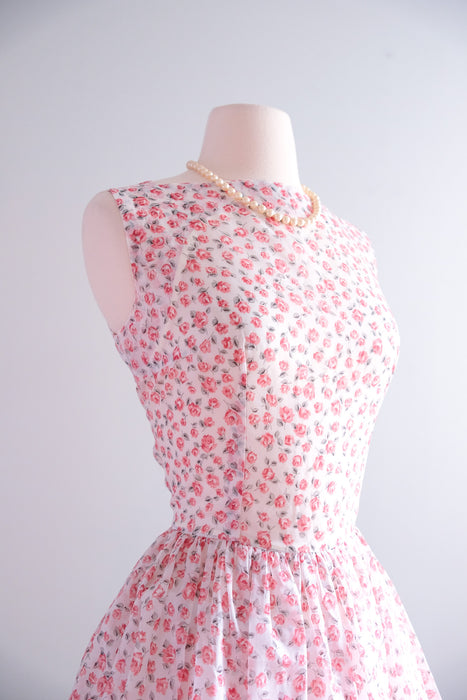 Sheer Delight 1950's Ivory & Rose Printed Chiffon Dress / Sz M