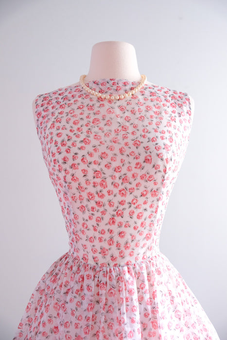 Sheer Delight 1950's Ivory & Rose Printed Chiffon Dress / Sz M