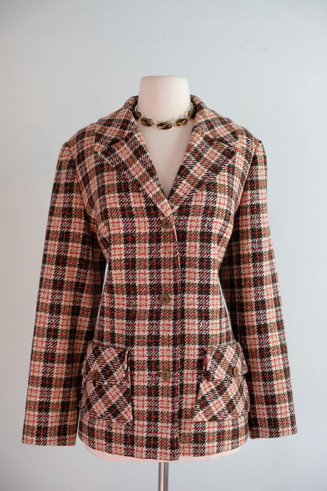 Vintage 1960's Burgundy & Walnut Plaid Wool Pendelton Blazer / M