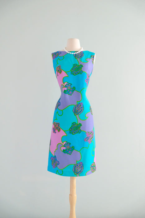 Rad 1960's Turquoise Psychedelic Print Shift Dress / Sz M