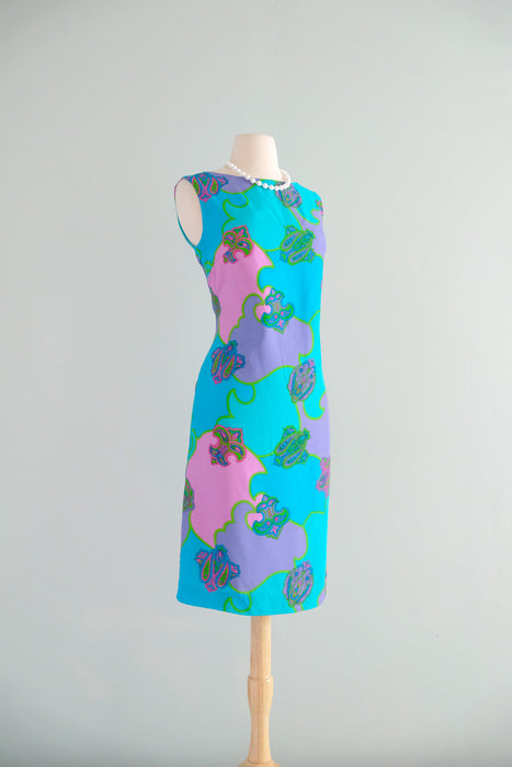 Rad 1960's Turquoise Psychedelic Print Shift Dress / Sz M