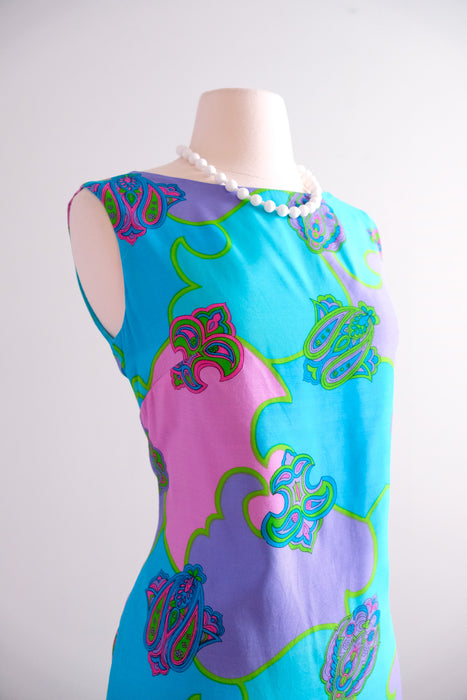 Rad 1960's Turquoise Psychedelic Print Shift Dress / Sz M