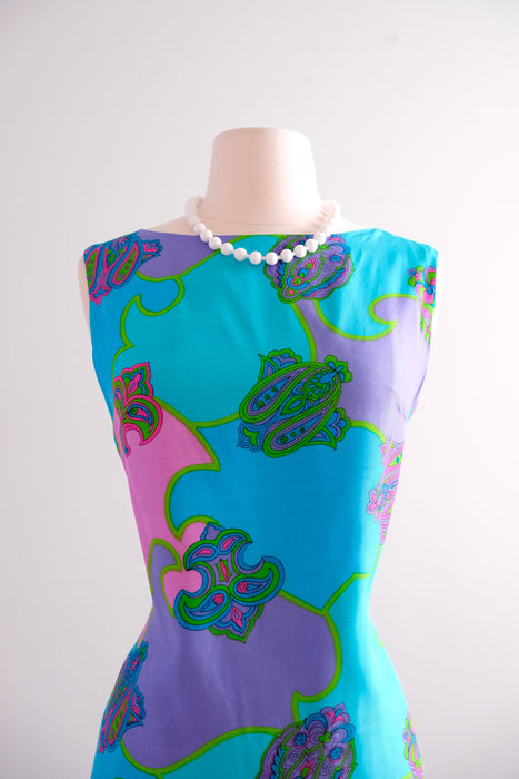 Rad 1960's Turquoise Psychedelic Print Shift Dress / Sz M