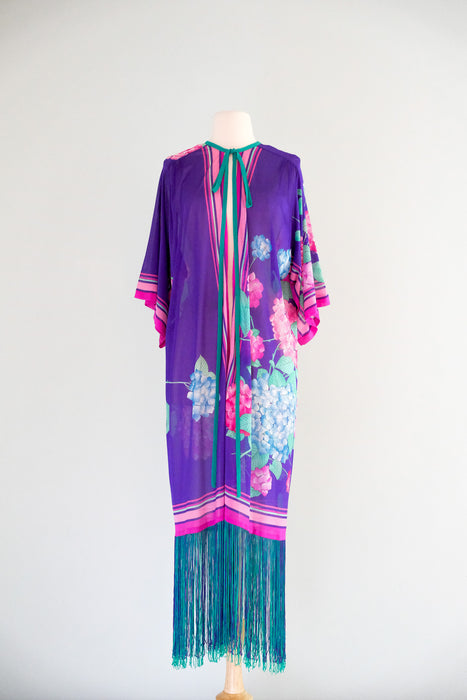 Tropical 1970's GOTTEX Vintage Violet Hydrangea Fringe Robe Cover-up / Sz M