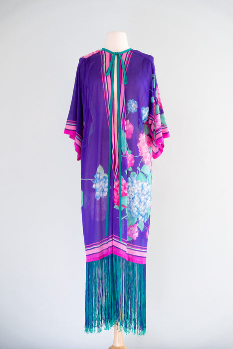 Tropical 1970's GOTTEX Vintage Violet Hydrangea Fringe Robe Cover-up / Sz M