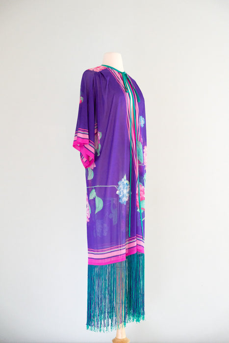 Tropical 1970's GOTTEX Vintage Violet Hydrangea Fringe Robe Cover-up / Sz M