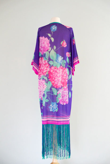 Tropical 1970's GOTTEX Vintage Violet Hydrangea Fringe Robe Cover-up / Sz M