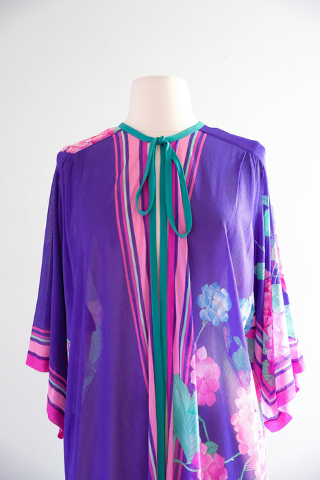 Tropical 1970's GOTTEX Vintage Violet Hydrangea Fringe Robe Cover-up / Sz M