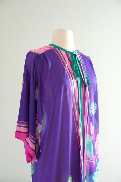 Tropical 1970's GOTTEX Vintage Violet Hydrangea Fringe Robe Cover-up / Sz M