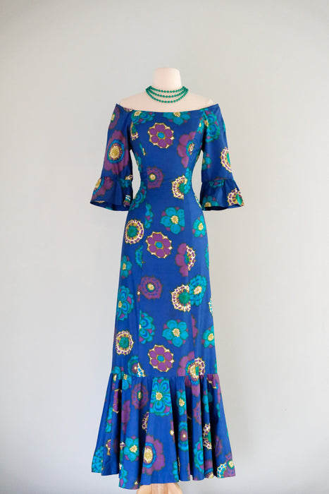Stunning 1960's Cerulean Hawaiian Gown with Mermaid Skirt  / Sz M