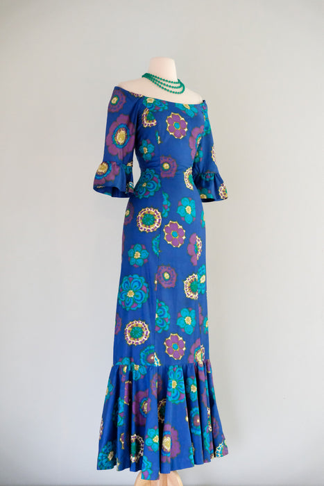 Stunning 1960's Cerulean Hawaiian Gown with Mermaid Skirt  / Sz M