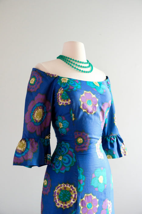 Stunning 1960's Cerulean Hawaiian Gown with Mermaid Skirt  / Sz M