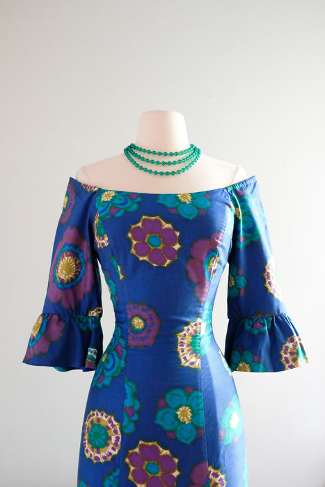 Stunning 1960's Cerulean Hawaiian Gown with Mermaid Skirt  / Sz M