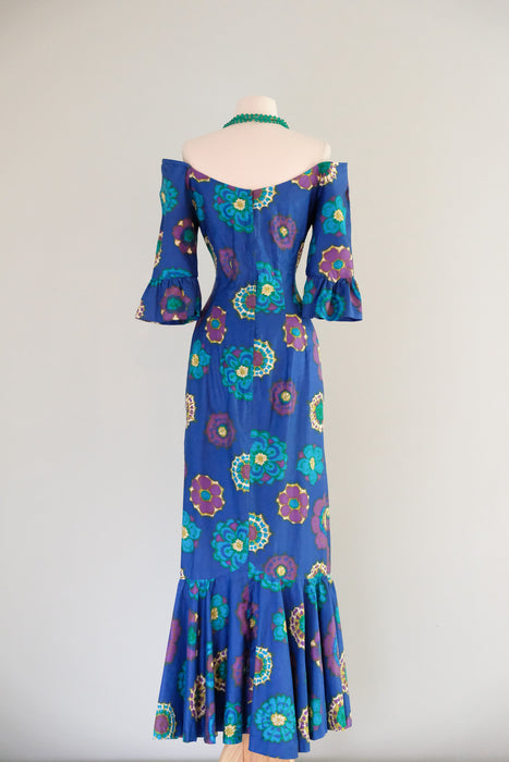 Stunning 1960's Cerulean Hawaiian Gown with Mermaid Skirt  / Sz M