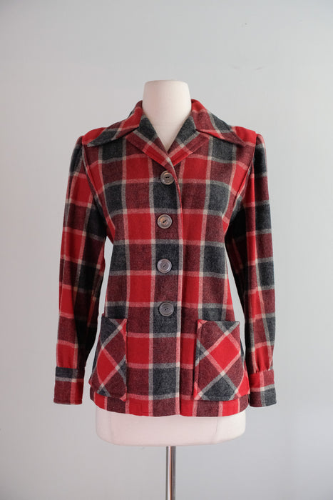 Vintage 1940's Red & Charcoal Plaid Wool Jacket / M