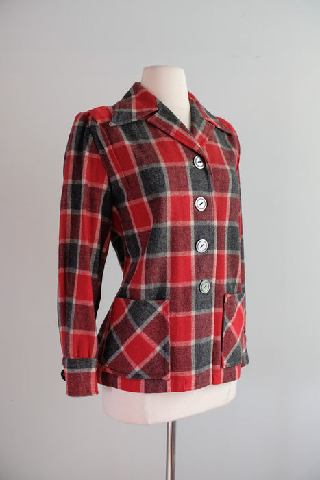 Vintage 1940's Red & Charcoal Plaid Wool Jacket / M