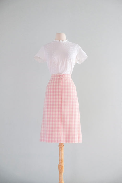 Adorable 1960's Pink Gingham Wool Skirt by Dalton / Sz M