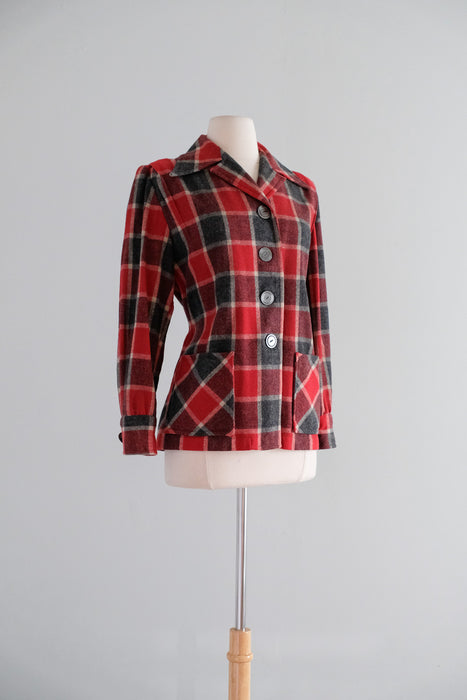 Vintage 1940's Red & Charcoal Plaid Wool Jacket / M