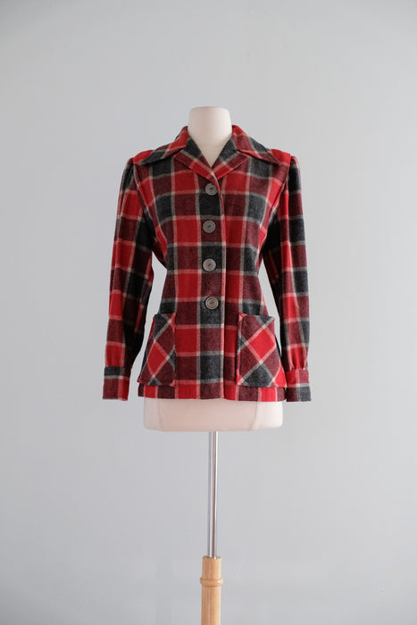 Vintage 1940's Red & Charcoal Plaid Wool Jacket / M