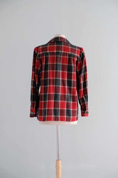 Vintage 1940's Red & Charcoal Plaid Wool Jacket / M