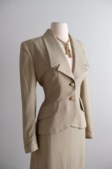 Impeccable Vintage 1940's Beige Light Weight Wool Suit by Koolskin / SM