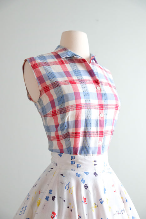 Delightful 1950's Red, White, & Blue Plaid Cotton Sleeveless Top / Sz S/M