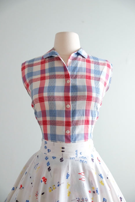 Delightful 1950's Red, White, & Blue Plaid Cotton Sleeveless Top / Sz S/M