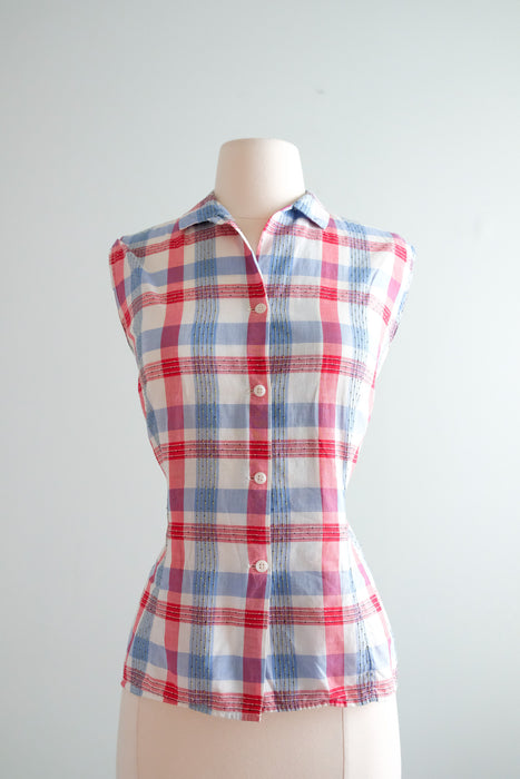 Delightful 1950's Red, White, & Blue Plaid Cotton Sleeveless Top / Sz S/M