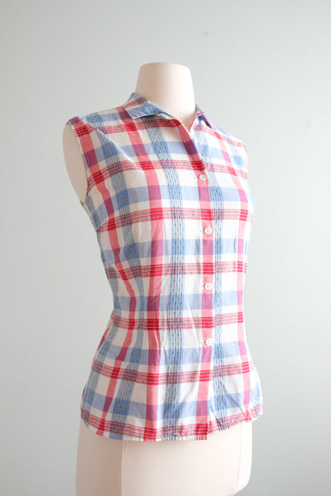 Delightful 1950's Red, White, & Blue Plaid Cotton Sleeveless Top / Sz S/M