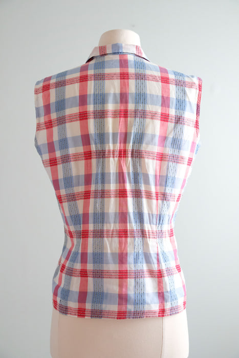 Delightful 1950's Red, White, & Blue Plaid Cotton Sleeveless Top / Sz S/M