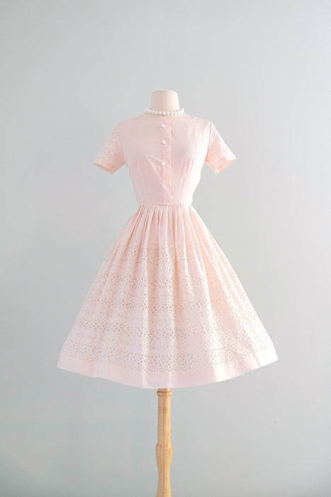 Darling 1960's Pale Pink Eyelet Cotton Day Dress / Sz S Xtabay Vintage Darling 1960's Pale Pink Eyelet Cotton Day Dress / Sz S Xtabay Vintage