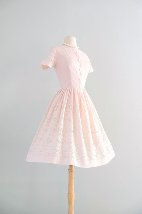 Darling 1960's Pale Pink Eyelet Cotton Day Dress / Sz S – Xtabay Vintage Darling 1960's Pale Pink Eyelet Cotton Day Dress / Sz S – Xtabay Vintage
