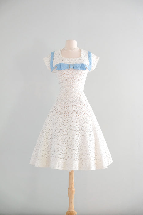 Stunning 1950's Ivory Lace Sailor Dress with Rhinestones / Sz S