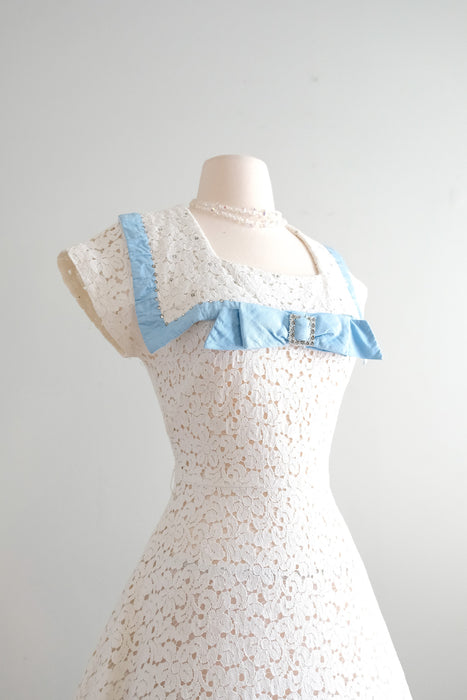 Stunning 1950's Ivory Lace Sailor Dress with Rhinestones / Sz S