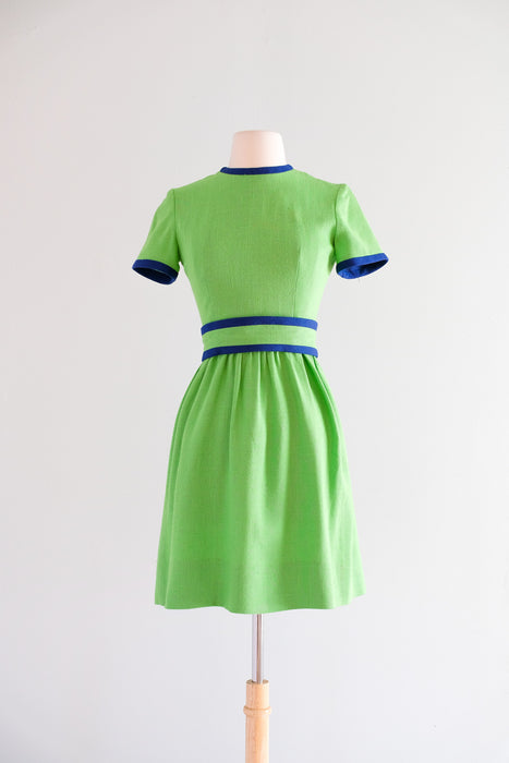 Vintage 1960's Kelly Green & Navy Mod Linen Dress by Lanz / XS