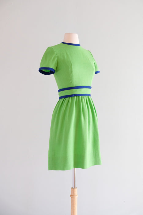 Vintage 1960's Kelly Green & Navy Mod Linen Dress by Lanz / XS