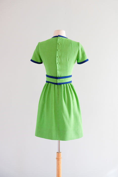 Vintage 1960's Kelly Green & Navy Mod Linen Dress by Lanz / XS