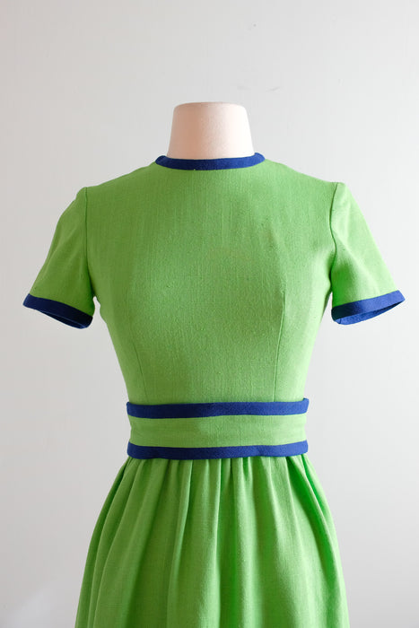 Vintage 1960's Kelly Green & Navy Mod Linen Dress by Lanz / XS