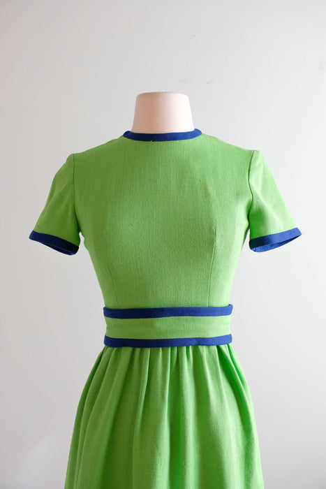 Vintage 1960's Kelly Green & Navy Mod Linen Dress by Lanz / XS