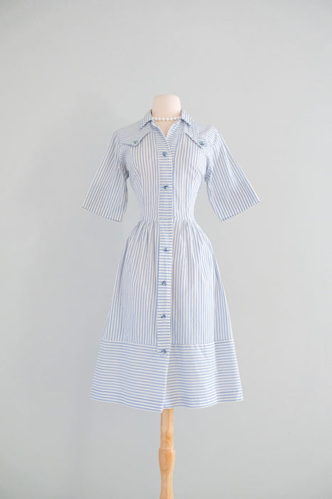 Sweet 1950’s Baby Blue Seersucker Shirt Dress / Sz M