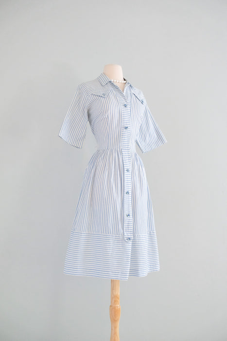 Sweet 1950’s Baby Blue Seersucker Shirt Dress / Sz M