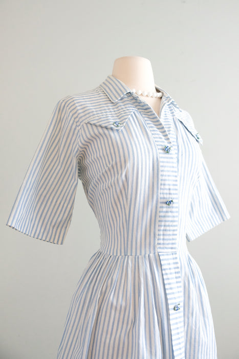 Sweet 1950’s Baby Blue Seersucker Shirt Dress / Sz M