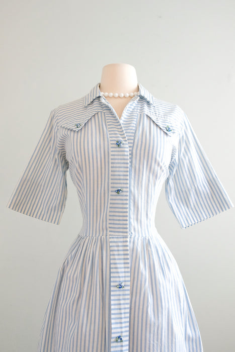 Sweet 1950’s Baby Blue Seersucker Shirt Dress / Sz M